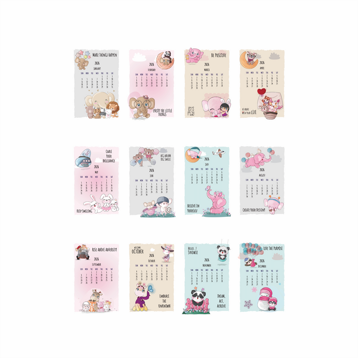 Set of small calendars with cartoon designs on a white background