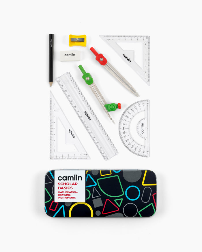 Pencil, Erasers, Sharpener, Rounder, Ruler, Protractor, Set Square And 45 Degree Set square in  Camlin Scholar Basics Geometry Box.