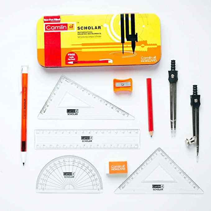 Pencil, sharpener, Eraser, Mechanical Pencil, Ruler, Set Square, Protractor and Rounder in Camlin Scholar Geometry Box