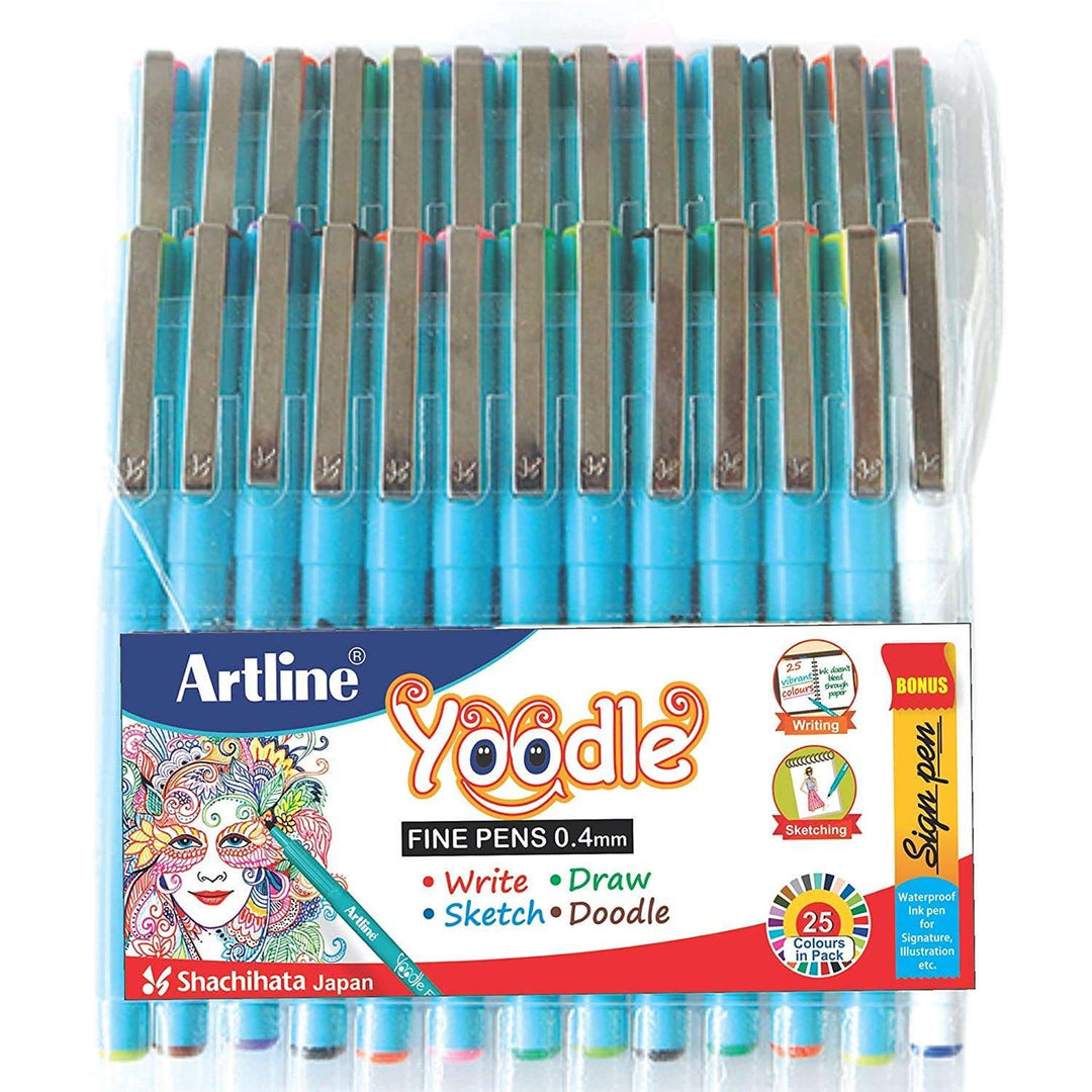 A pack of 25 shades of 0.4mm tip size Artline Yoodle Fineliners.