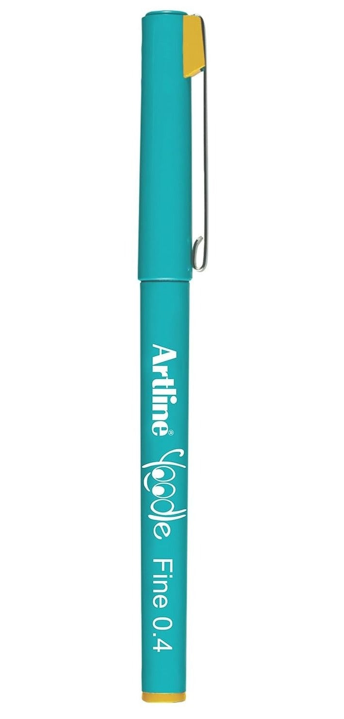 0.4 mm tip size Artline Yoodle Fineliners with water based ink which does not bleed through paper.