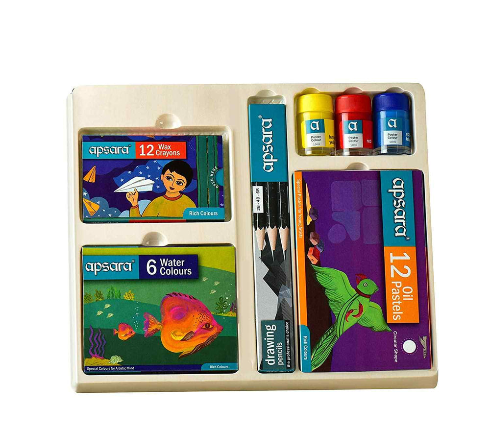 3 Drawing Pencil, 12 Wax Crayons, 12 Oil Pastels, 3 Poster Bottles, 6 Water Shades and 1 Paint Brush. Apsara art kit 