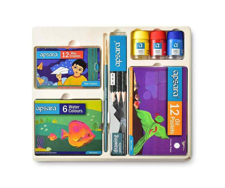 Apsara 3 Drawing Pencil, 12 Wax Crayons, 12 Oil Pastels, 3 Poster Bottles, 6 Water Shades and 1 Paint Brush.