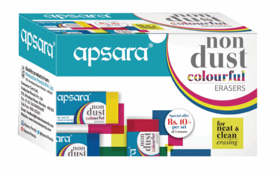 A box of Apsara Non Dust Colourful Erasers