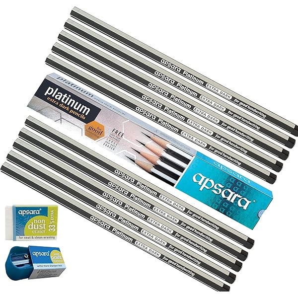 Eraser, Sharpener and 10 Apsara Platinum Extra Dark Pencil out of box 