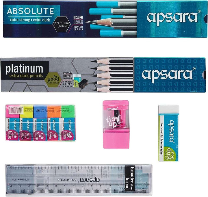 2 box of pencil, 5 Rub a long eraser, Tidy up eraser and sharpener, eraser and scale Apsara Premium Scholar's Kit