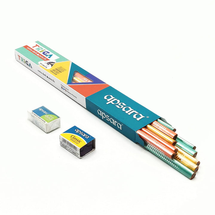 pack of 10 Apsara Triga Extra Dark Pencil with eraser and sharpener 
