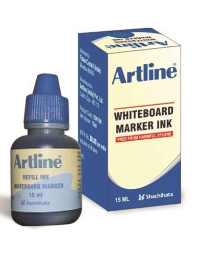 A pack and bottle of 15 ml Blue colour Artline White Board Marker Ink