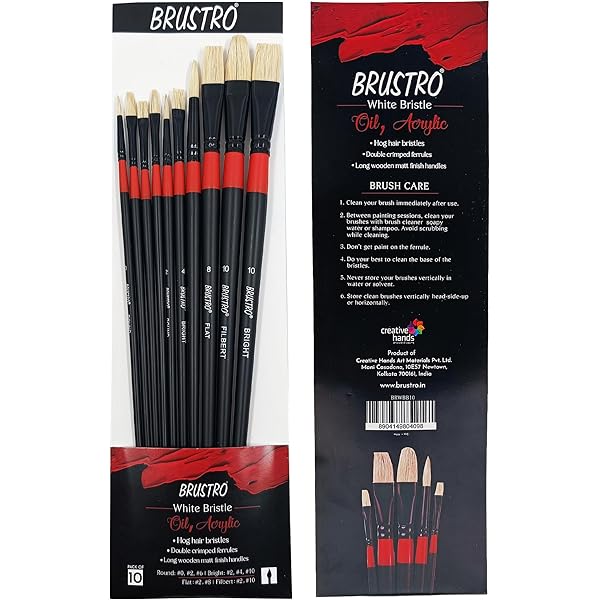 Brustro White Bristle Brush Set of 10 for Oil & Acrylic Painting Bbag | India’s Best Online Stationery Store