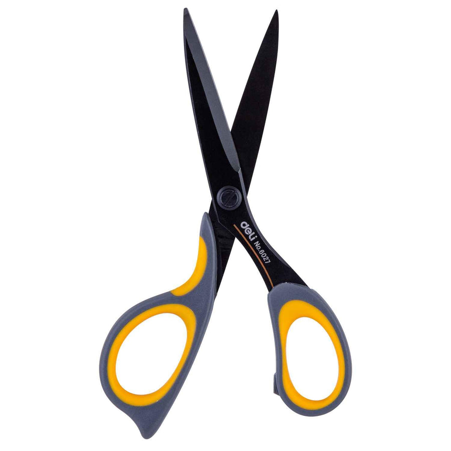 Grey and yellow Deli Ergo Scissors Plastic steel body