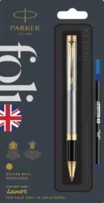 Parker Folio Stainless Steel with Gold Trim Roller Ball Pen - Bbag | India’s Best Online Stationery Store