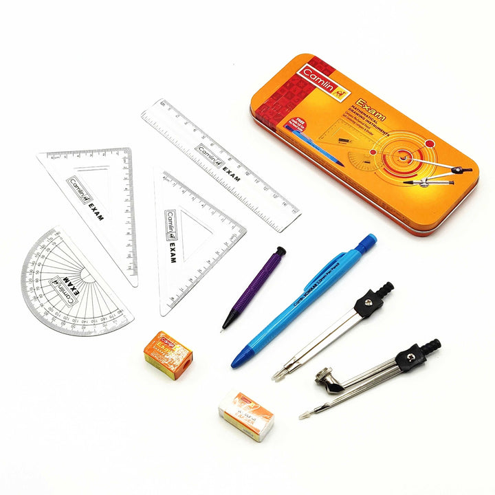 Camlin Exam Geometry Box Specially designed self centering compass, for ease and accuracy while drawing circles & angles. Both divider and compass are made with non-rusting strong material to last long and remain in shape and shine. The plastic used in ruler, protractor and set square are made of high transparency plasticand comes with precise marking for easy reading and accurate drawings.