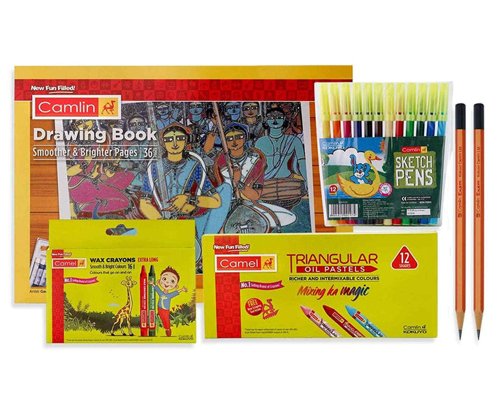 Camlin Drawing Kit with Drawing Book, Sketch 12 Pcs, Wax Crayon, Oil Pastels and  2 Pencils