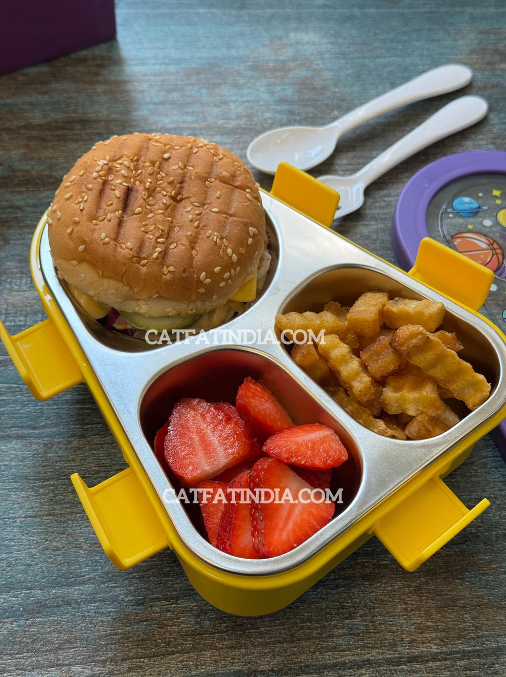 Stainless Steel 3 Compartment Lunch Box with Spoon & Fork Bbag | India’s Best Online Stationery Store