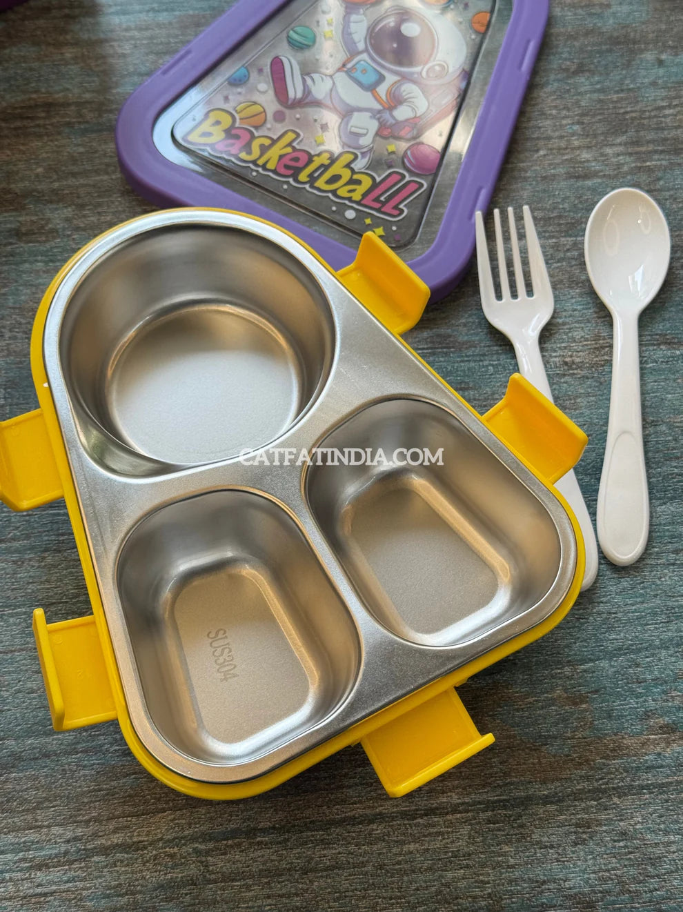 Stainless Steel 3 Compartment Lunch Box with Spoon & Fork Bbag | India’s Best Online Stationery Store