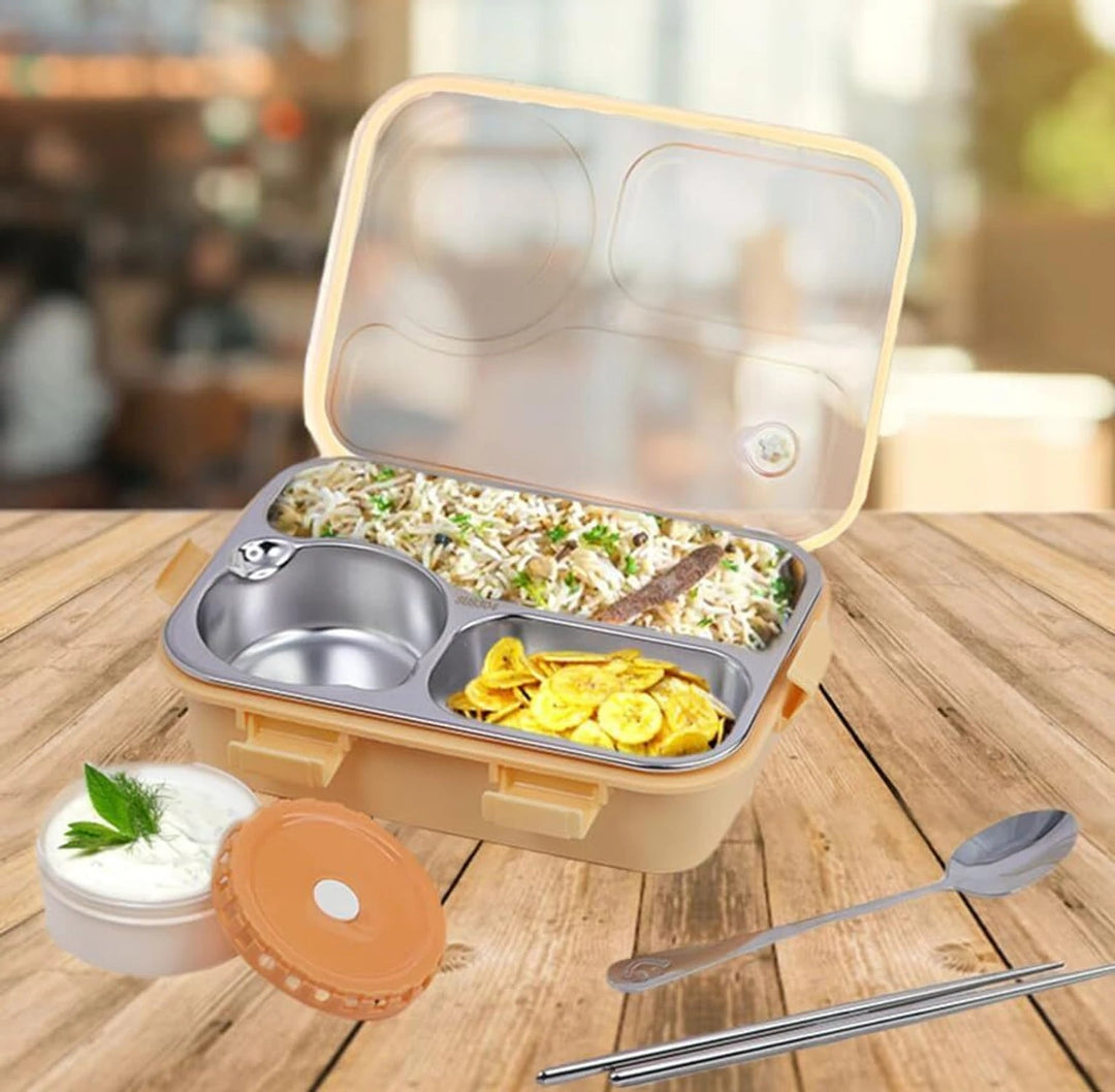 Fooddict 3 Compartment Lunch Box Stainless Steel Bento Box Bbag | India’s Best Online Stationery Store