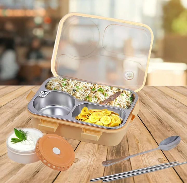Fooddict 3 Compartment Lunch Box Stainless Steel Bento Box Bbag | India’s Best Online Stationery Store