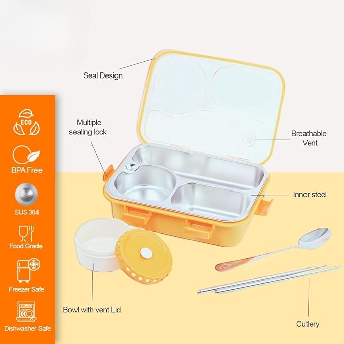 Fooddict 3 Compartment Lunch Box Stainless Steel Bento Box Bbag | India’s Best Online Stationery Store