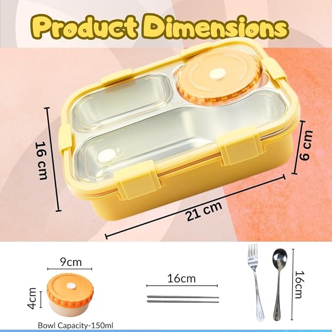 Fooddict 3 Compartment Lunch Box Stainless Steel Bento Box Bbag | India’s Best Online Stationery Store