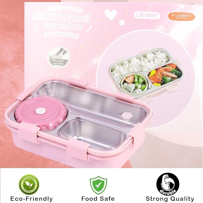 Fooddict 3 Compartment Lunch Box Stainless Steel Bento Box Bbag | India’s Best Online Stationery Store