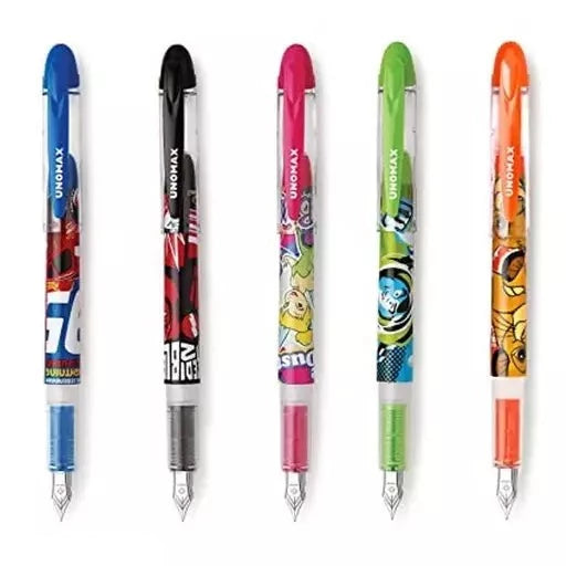 Blue, Black, Pink, Green and Orange Unomax Disney Fountain Mate Ink Pen best fountain for school kids.