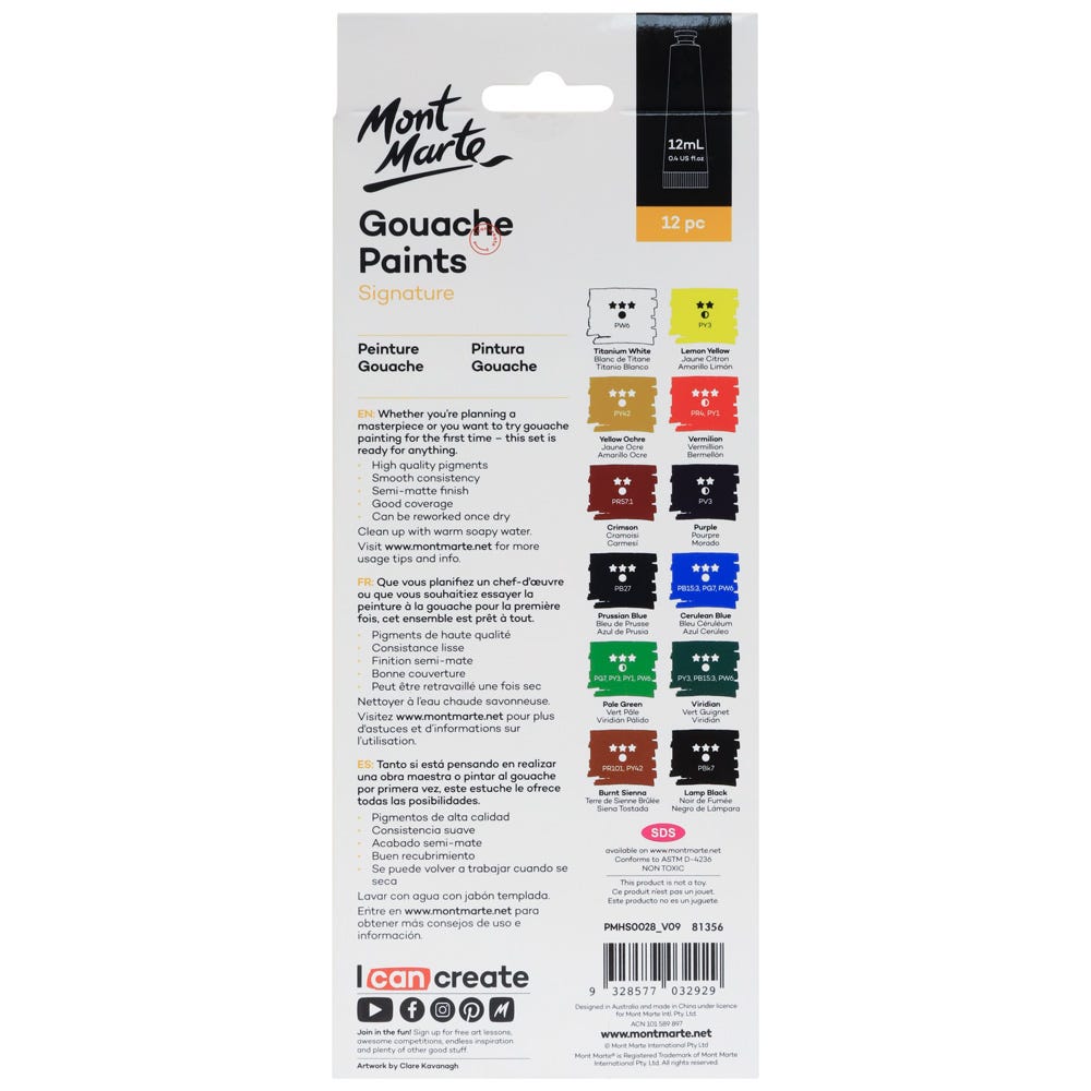 Gouache Paints Set Signature 12pc – Vibrant, Matte Finish, 12ml