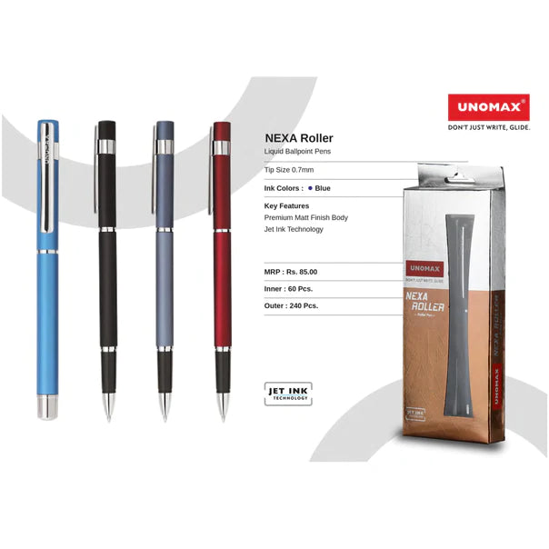 Unomax Nexa Roller Pen in blue, Black, Grey and red body colour. 