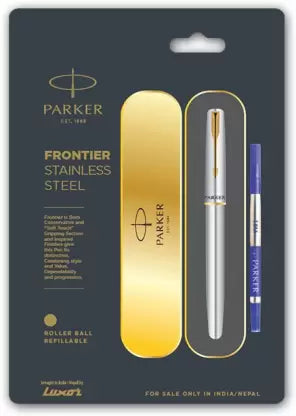 Parker Frontier Stainless Steel With Gold Trim Roller Ball Pen - Bbag | India’s Best Online Stationery Store