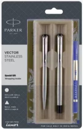 Parker Vector Stainless Steel With Steel Trim Ball Pen + Roller Ball Pen - Bbag | India’s Best Online Stationery Store