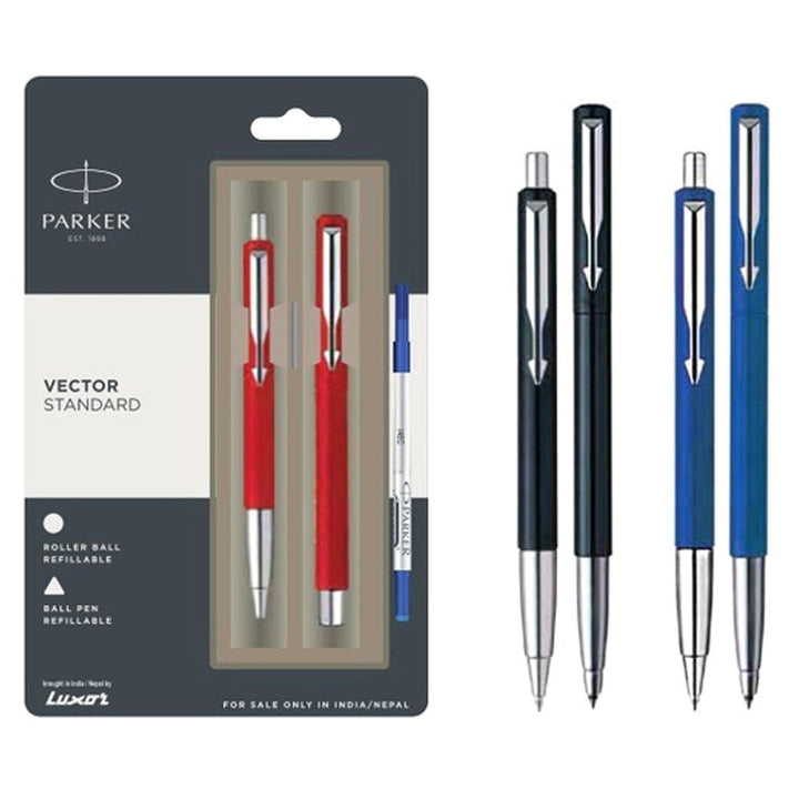 Parker Vector Standard With Stainless Steel Trim Ball Pen + Roller Ball Pen - Bbag | India’s Best Online Stationery Store
