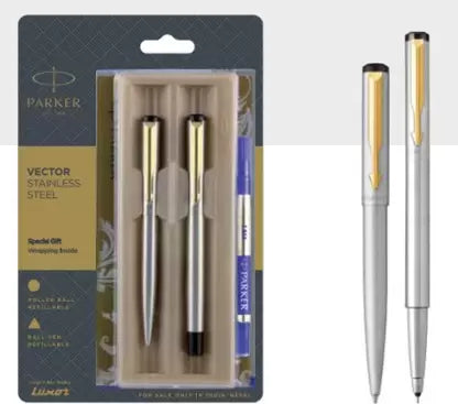 Parker Vector Stainless Steel With Gold Trim Ball Pen + Roller Ball Pen - Bbag | India’s Best Online Stationery Store