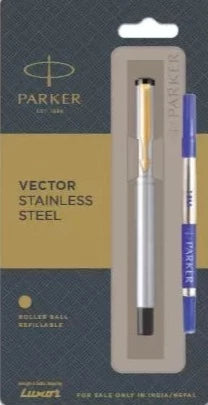 Parker Vector Stainless Steel With Gold Trim Roller Ball Pen - Bbag | India’s Best Online Stationery Store