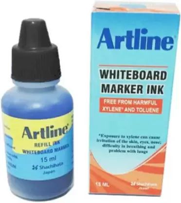 A bottle and pack of 15 ml black colour Artline White Board Marker Ink