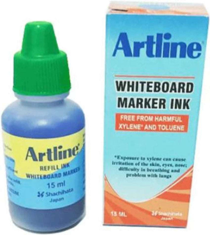 A bottle and Pack of 15 ml Green Colour Artline White Board Marker Ink